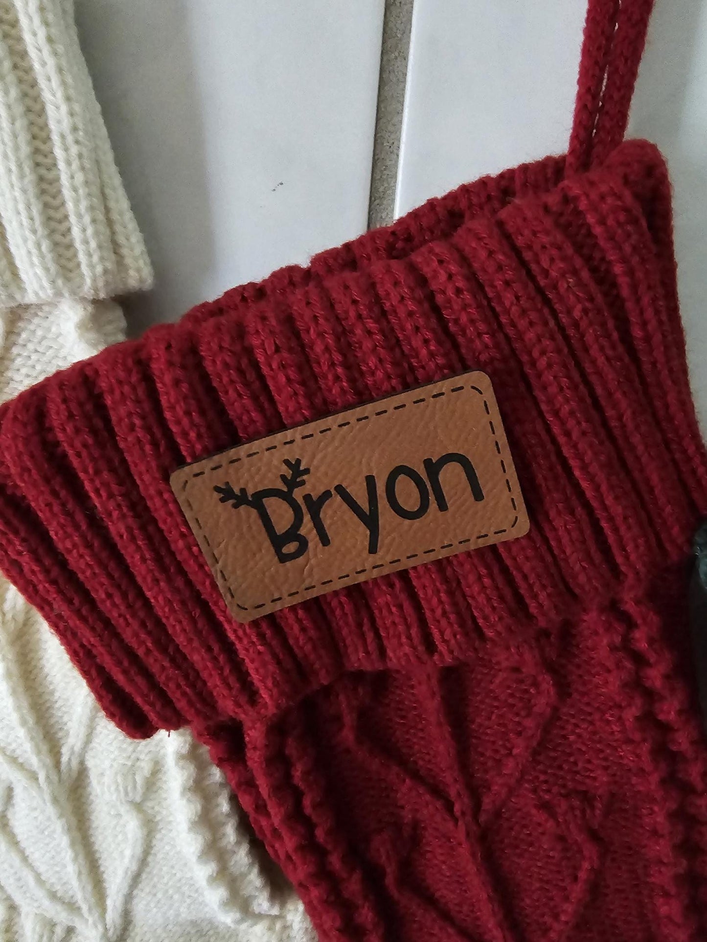 Personalized Knit Christmas Stocking | Leather Patch | Knit Christmas Stocking