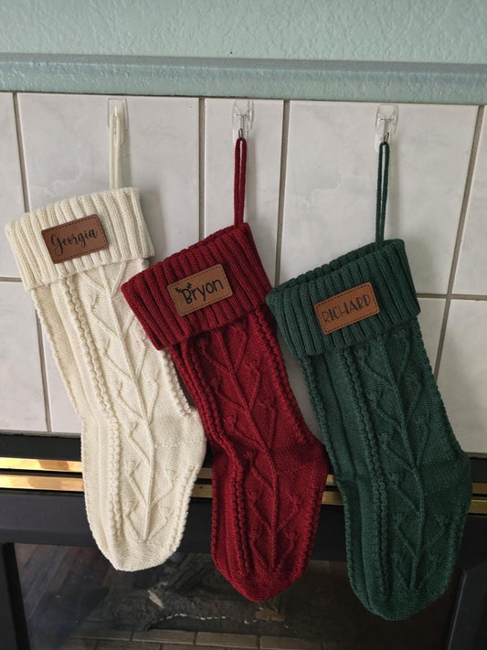 Personalized Knit Christmas Stocking | Leather Patch | Knit Christmas Stocking