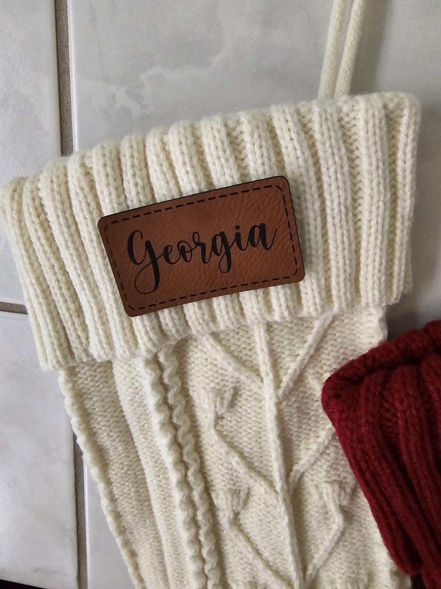 Personalized Knit Christmas Stocking | Leather Patch | Knit Christmas Stocking