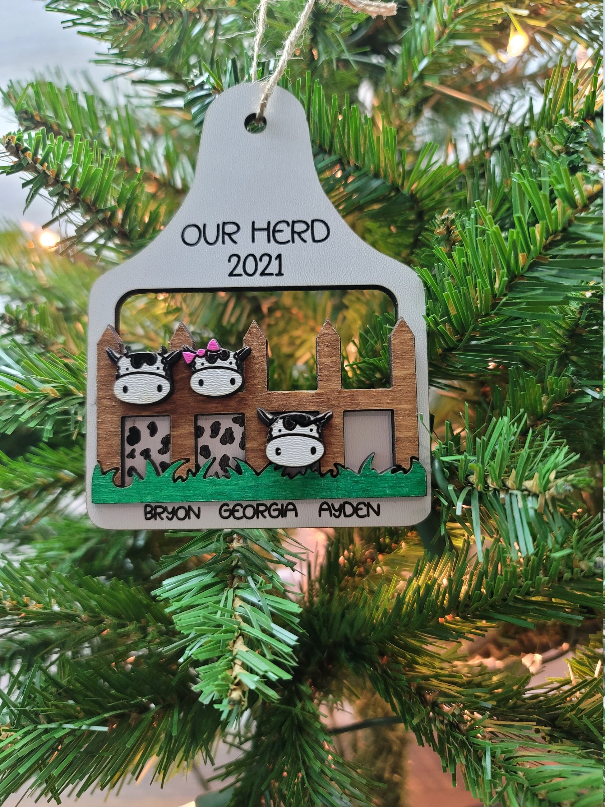 Christmas Ornament - Cow Tag | Farmhouse Christmas | Customizable | Personalized Gift