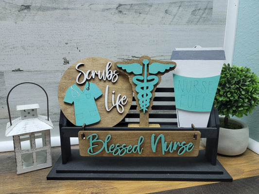 Nurse Tiered Tray | Nurse Shelf Sitter Insert | Wagon Insert | Healthcare Hero Tiered Tray | Blessed Nurse | Blessed Nurse Tiered Tray Set