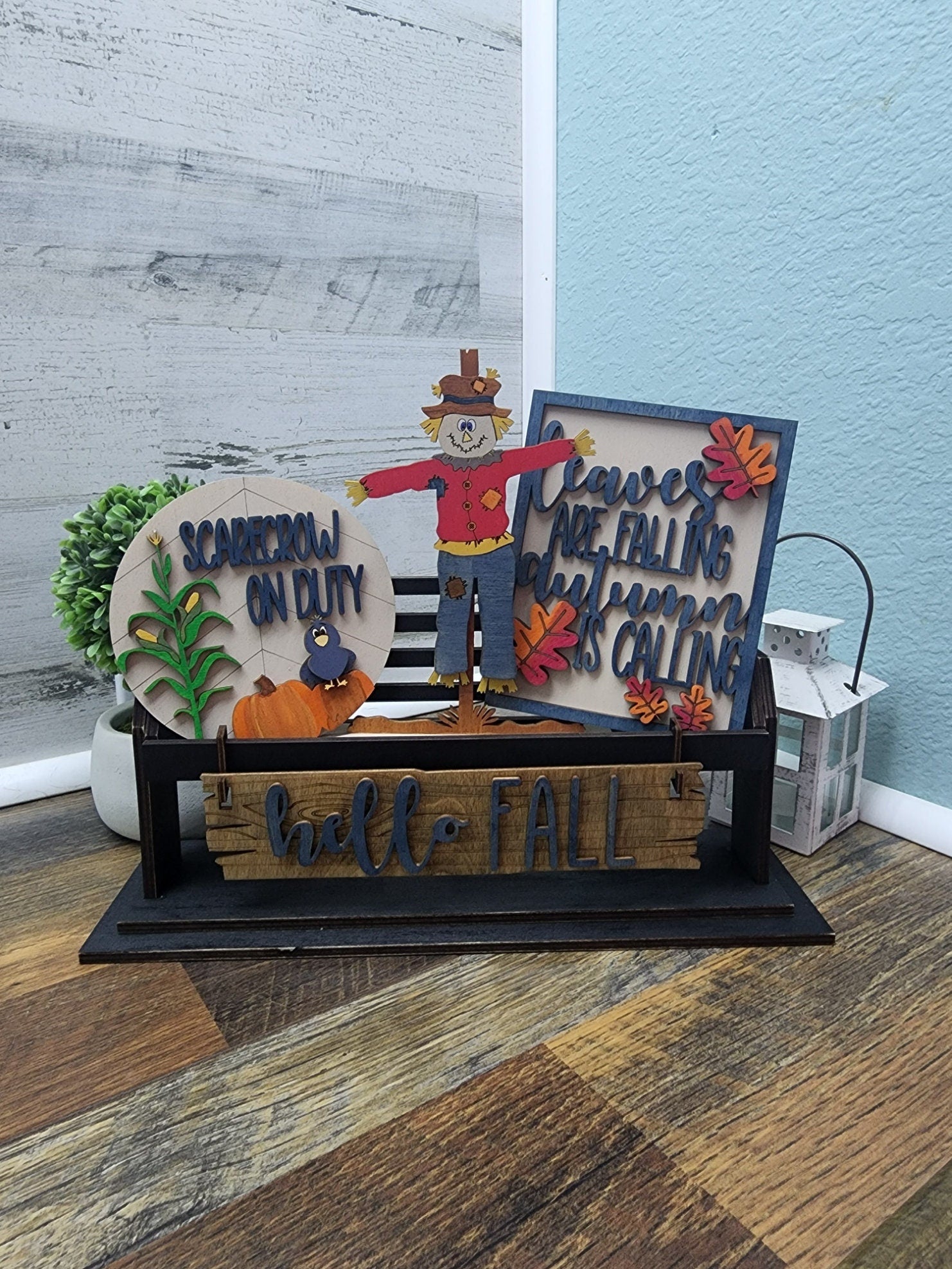 Hello Fall Shelf Sitter Inserts | Hello Fall Wagon Insert | Hello Fall Tiered Tray | Scarecrow Fall Painted Tiered Tray Set