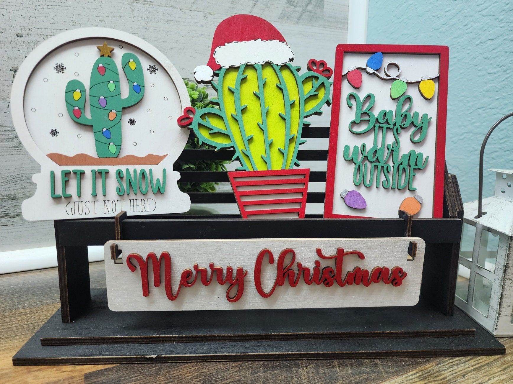 Cactus Christmas Shelf Sitter Set | No Snow Here | Christmas Shelf Sitter Set | Warm Weather Christmas Tiered Tray Set